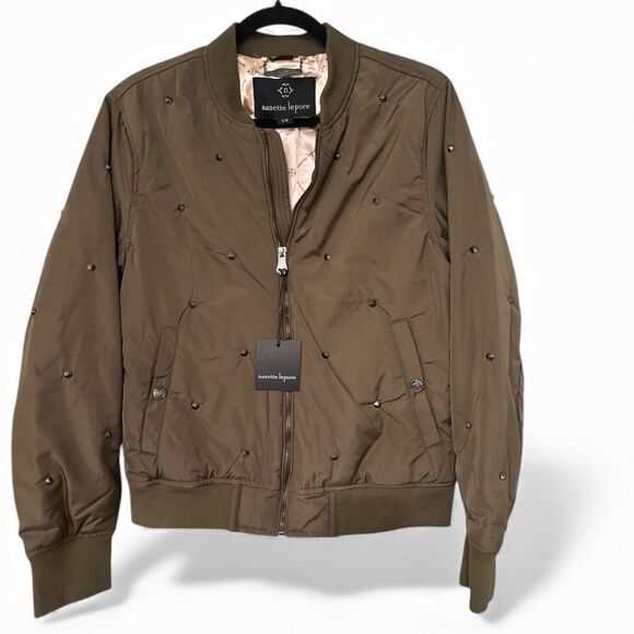 Nanette Lepore Women's Studded Twill Bomber Jacket Olive Green Size Large NWT - Picture 2 of 9